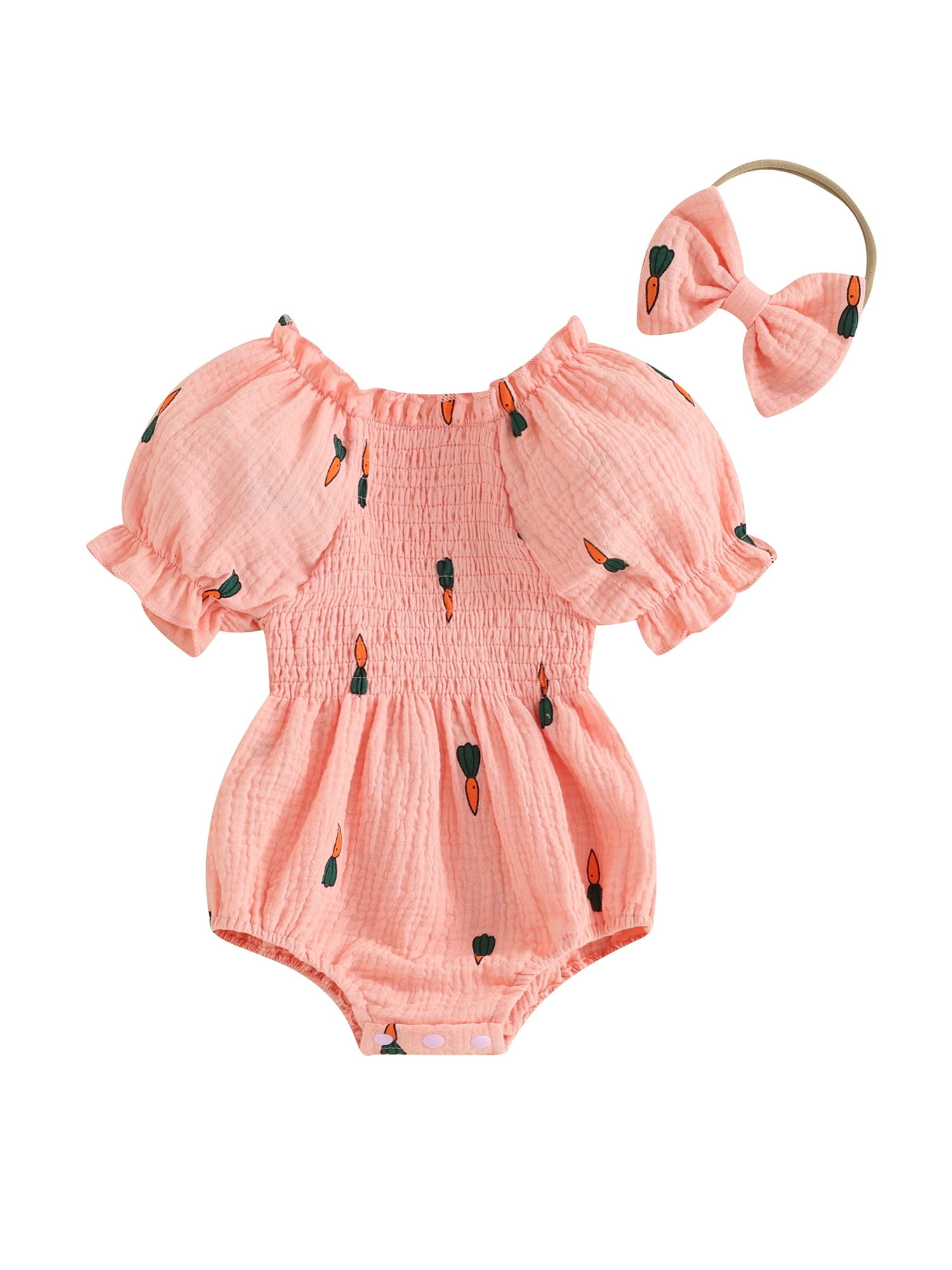 Baby Girl Summer Outfits Short Puff Sleeve Cherry/Carrot Print Romper