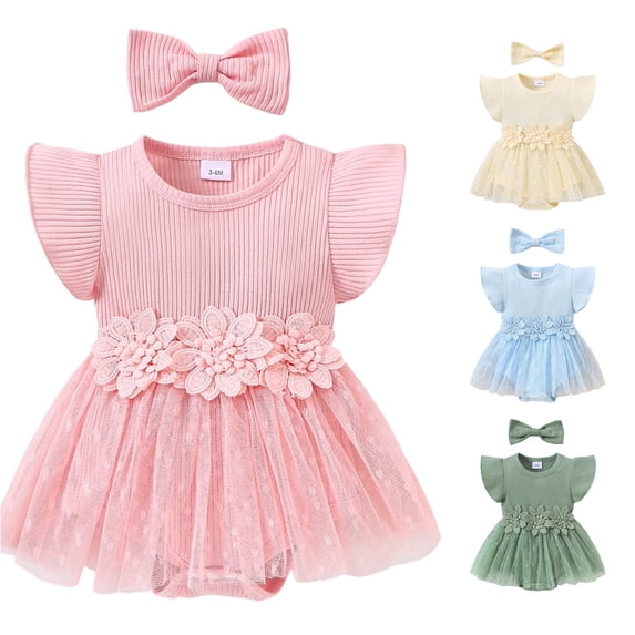 Baby Girl Summer Romper Dress Fly Sleeve Flower Embroidery Mesh Skirt Ribbed Bodysuit Girls 7-8 Clothes 3-6 Months