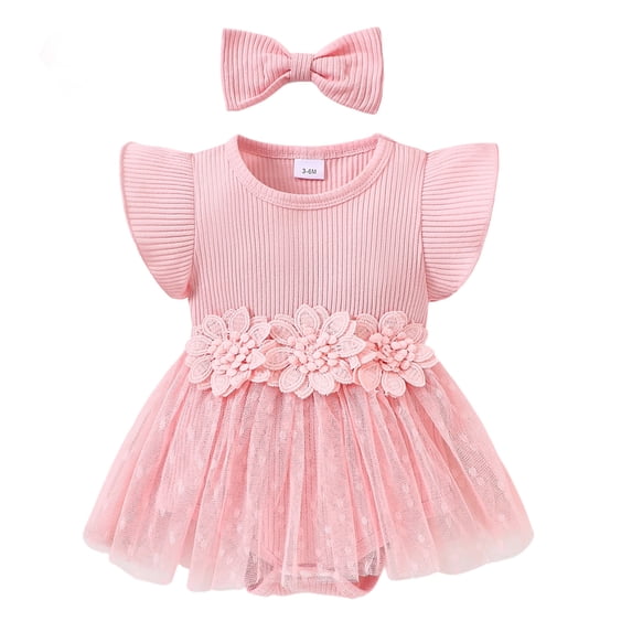 Baby Girl Summer Romper Dress with Flutter Sleeves Floral Embroidery and Mesh Skirt Hem Ribbed Bodysuit Outfit
