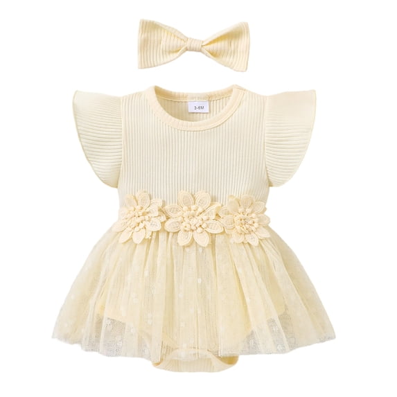 Baby Girl Summer Romper Dress with Flutter Sleeves Floral Embroidery and Mesh Skirt Hem Ribbed Bodysuit Outfit