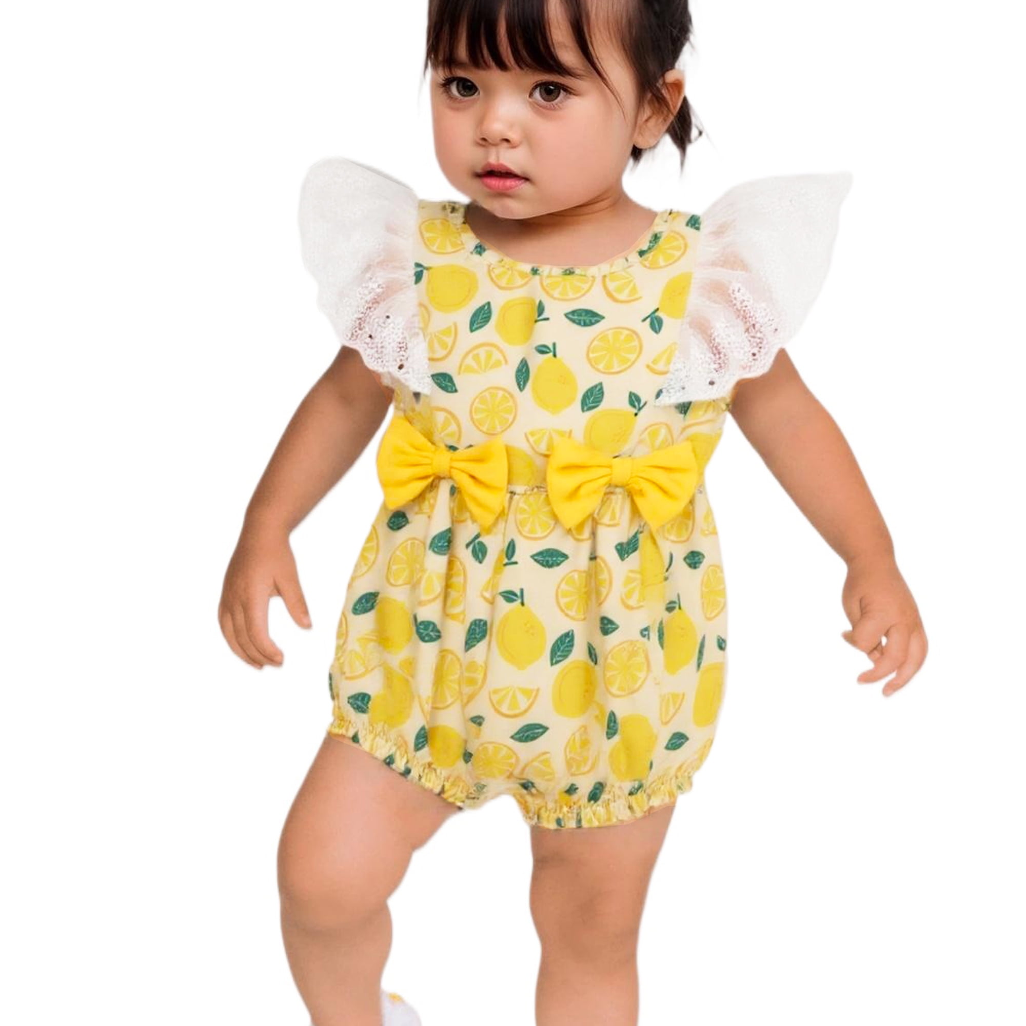 Baby Girl Summer Romper Infant Outfit Lemon Print with Ruffles