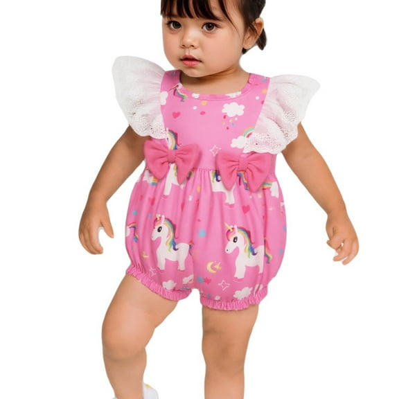 Baby Girl Summer Romper Infant Outfit Unicorn Print with Ruffles 0-3 Months