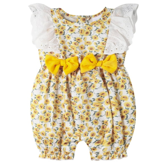 Baby Girl Summer Romper -Yellow Sunflower Print with Ruffles 6-12 Months