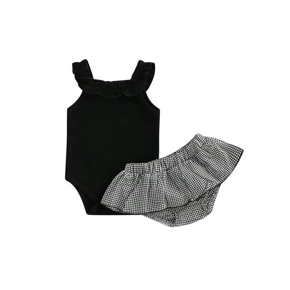 Baby Girl Summer Rompers Set Solid Color Sleeveless Jumpsuit and Casual Ruffled Plaid Shorts Outfit