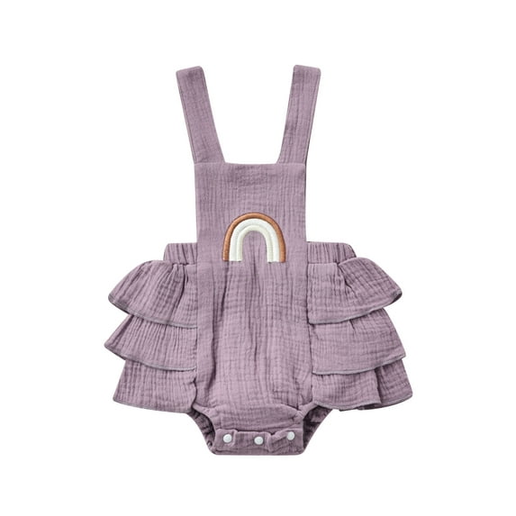 Baby Girl Summer Ruffle Romper Sleeveless Elastic Waist Rainbow Embroidery Strap Bodysuit