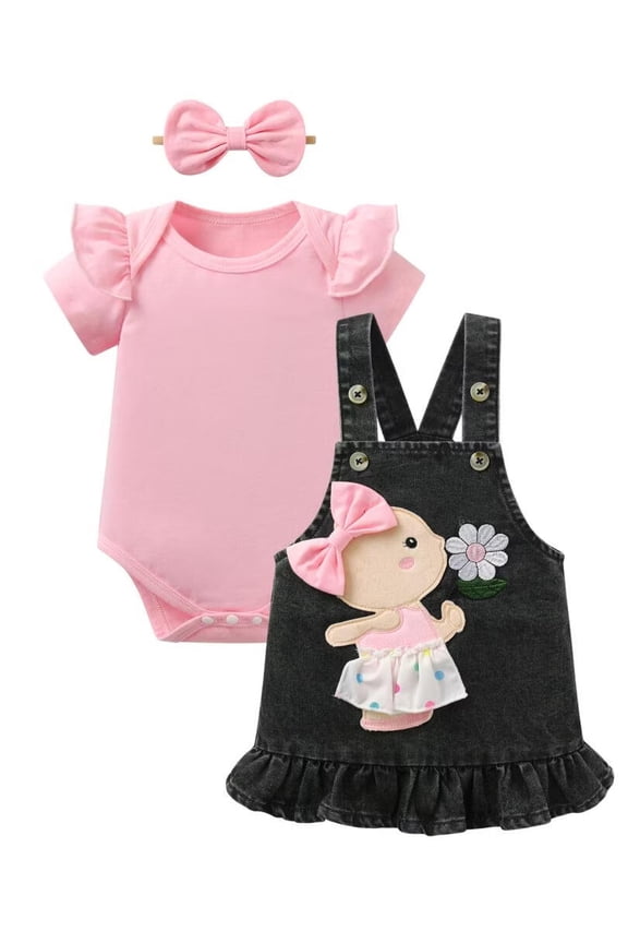 Baby Girl Summer Ruffle Short Sleeves Romper + Rabbit Pattern Suspenders Skirt + Headband Outfits 12-18 Months