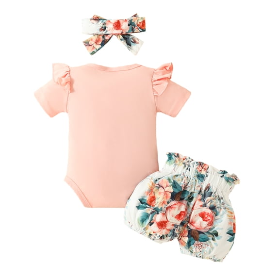 Baby Girl Summer Set Letter Print Short Sleeve Romper with Floral Pattern Ruffled Belted Shorts and Headband