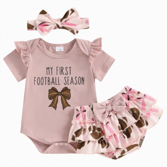Baby Girl Summer Short Set Baby Girl Football Outfit Ruffle Sleeve Romper & Ruffled Bloomers with Headband 3-Piece Set