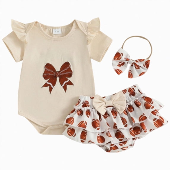 Baby Girl Summer Short Set Baby Girl Football Outfit Ruffle Sleeve Romper & Ruffled Bloomers with Headband 3-Piece Set