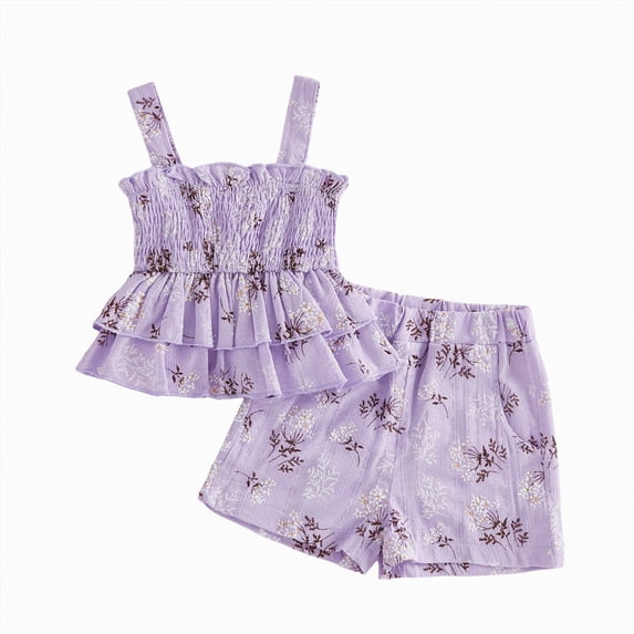 Baby Girl Summer Short Set Baby Girl Summer Outfit Floral Print Ruffle Smocked Top & Shorts 2-Piece Soft Clothing Set