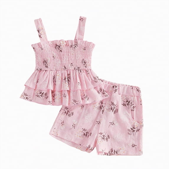 Baby Girl Summer Short Set Baby Girl Summer Outfit Floral Print Ruffle Smocked Top & Shorts 2-Piece Soft Clothing Set