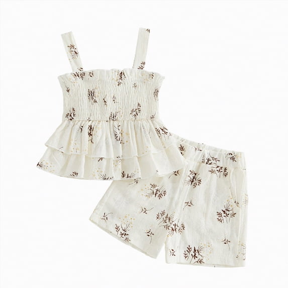 Baby Girl Summer Short Set Baby Girl Summer Outfit Floral Print Ruffle Smocked Top & Shorts 2-Piece Soft Clothing Set