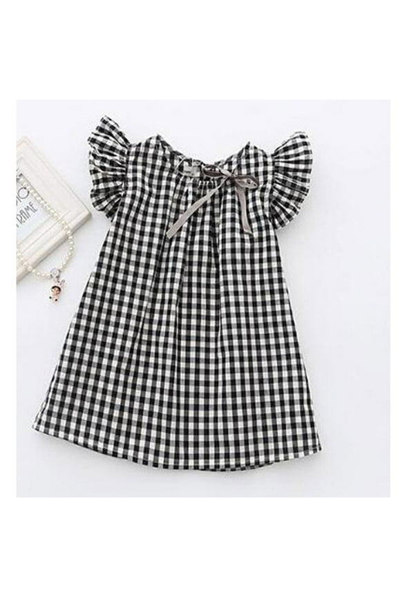 Baby Girl Summer Sleeveless Solid Stripe Newborn Flying Sleeve Black and White Plaid Bow Dress Skirt