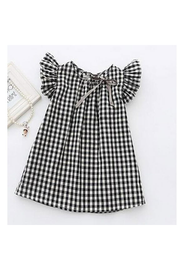 Baby Girl Summer Sleeveless Solid Stripe Newborn Flying Sleeve Black and White Plaid Bow Dress Skirt