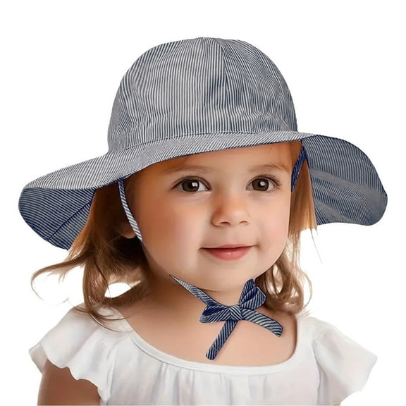 Baby Girl Sun Hat Striped Summer Beach Hats UPF 50+ Toddler Cap Wide Brim Strap Outdoor Bucket Hat Kids 3M-4T (3-6 Months, Navy)