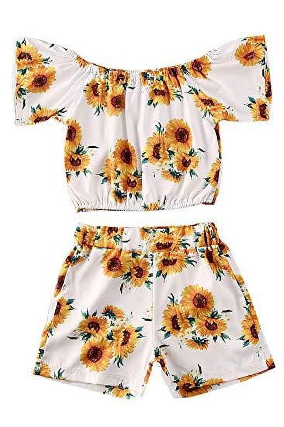 Baby Girl Sunflower Short Sleeve Crop Top and Shorts 2pcs Spring Summer Outfit