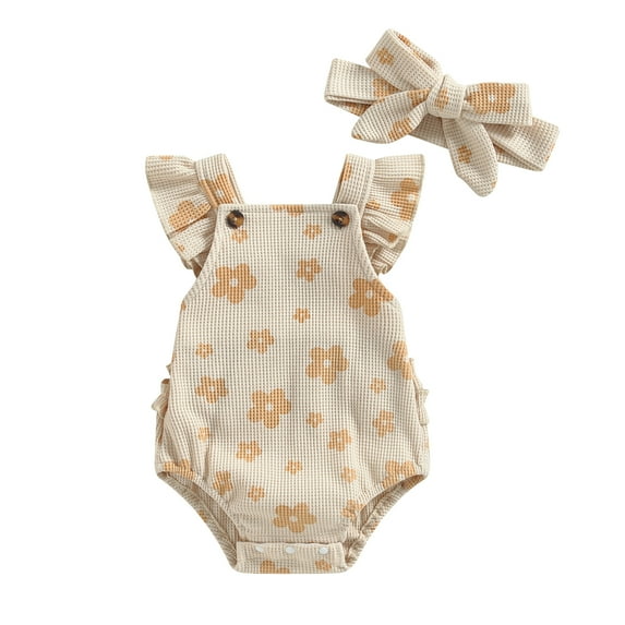Baby Girl Suspender Jumpsuit Set Casual Floral Print Ruffled Flying Sleeve Rompers and Headband