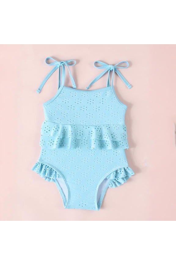 Baby Girl Swimsuit 2 Piece Square Neck Sleeveless Ruffled Solid Print Bowknot Bikini Set for Beach Vacation Girls Bathing Suit Blue 12 Months-18 Months