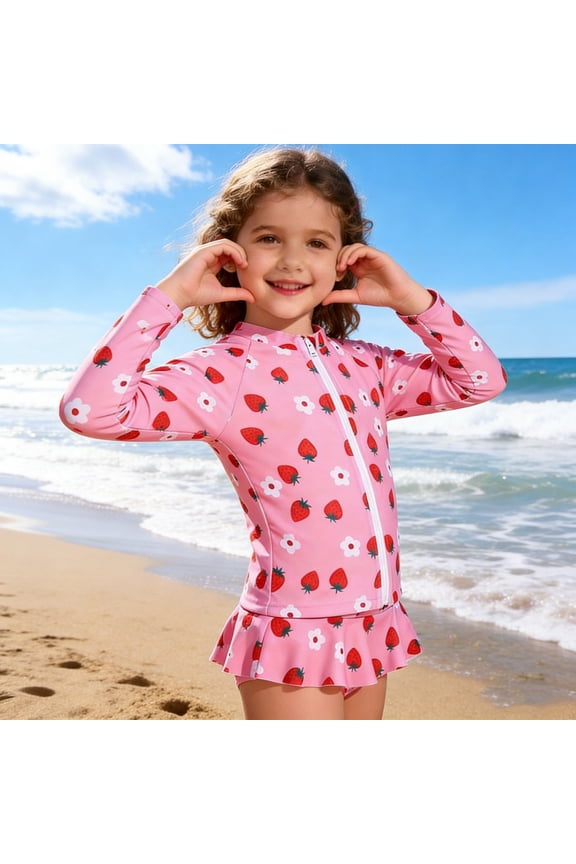 Baby Girl Swimsuit 3 Piece Breathable Graphic Print Scoop Neck Sleeveless Spaghetti Straps Top Trunks And Sun Guard Jacket for Beach Baby Girl Bathing Suit Pink 4 Years-5 Years