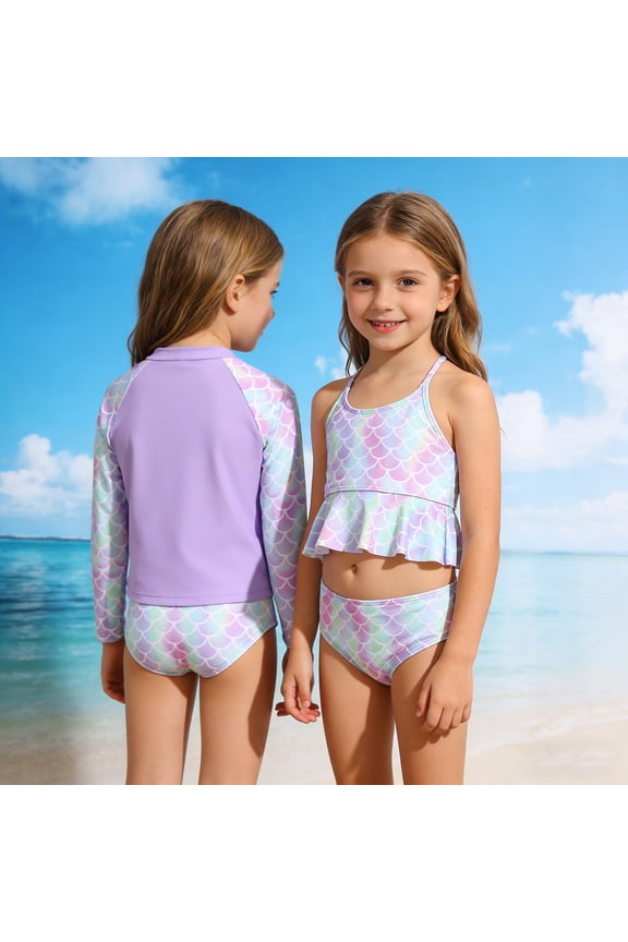 Baby Girl Swimsuit 3 Piece Graphic Print Scoop Neck Sleeveless Ruffles High Waist Top Trunks And Rash Guard Jacket for Vacation Girls Bathing Suits Purple 5 Years-6 Years