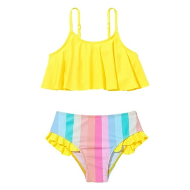 Baby Girl Swimsuit Cute Ruffle Tankni Top And Colorful Striped Bikini Bottom Split Swimsuits Girls Bathing Suit Yellow 3-4Y