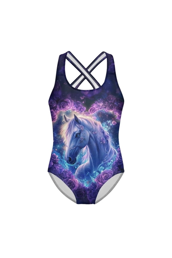 Baby Girl Swimsuit Elastic Cartoon Print Square Neck Sleeveless Back Crisscross Gymnastics Leotard for Hawaiian Bathing Suits for Girls Dark Blue 7 Years-8 Years