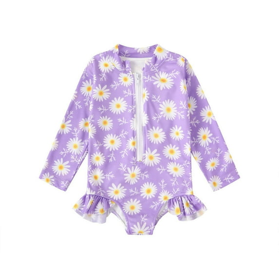 Baby Girl Swimsuit Long Sleeve Colorful Floral with Full Zip Rash Guard Girls' Swimwear Purple 2-3 Years