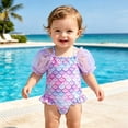 thumbnail image 1 of Baby Girl Swimsuit Square Neck Short Sleeve Mesh Ruffle Graphic Print Ruched One Piece for Vacation Girls&nbsp;Bathing Suit Purple 9 Months-12 Months, 1 of 9