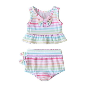Baby Girl Swimsuit Summer Ruffles Rainbow Stripe Print Bowknot Vest Tops Shorts Split Swimsuits Toddler Bathing Suit Girl Pink 18-24 Months