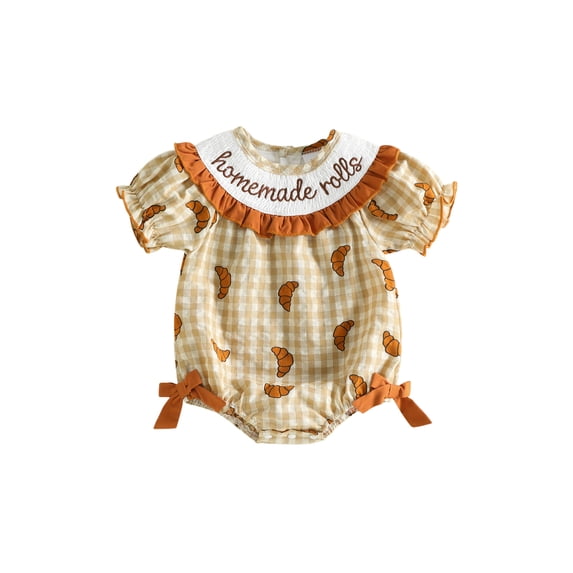 Baby Girl Thanksgaving Outfit Homemade Rolls Smocked Bubble Romper Bodysuit Short Sleeve Plaid Jumpsuit Cute Fall Clothes 0-18M