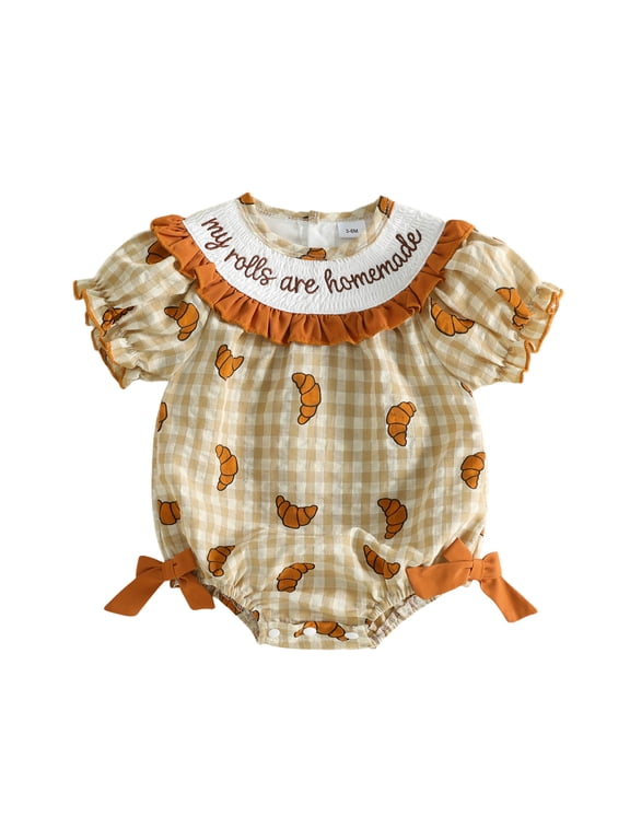 Baby Girl Thanksgaving Outfit Homemade Rolls Smocked Bubble Romper Bodysuit Short Sleeve Plaid Jumpsuit Cute Fall Clothes 0-18M