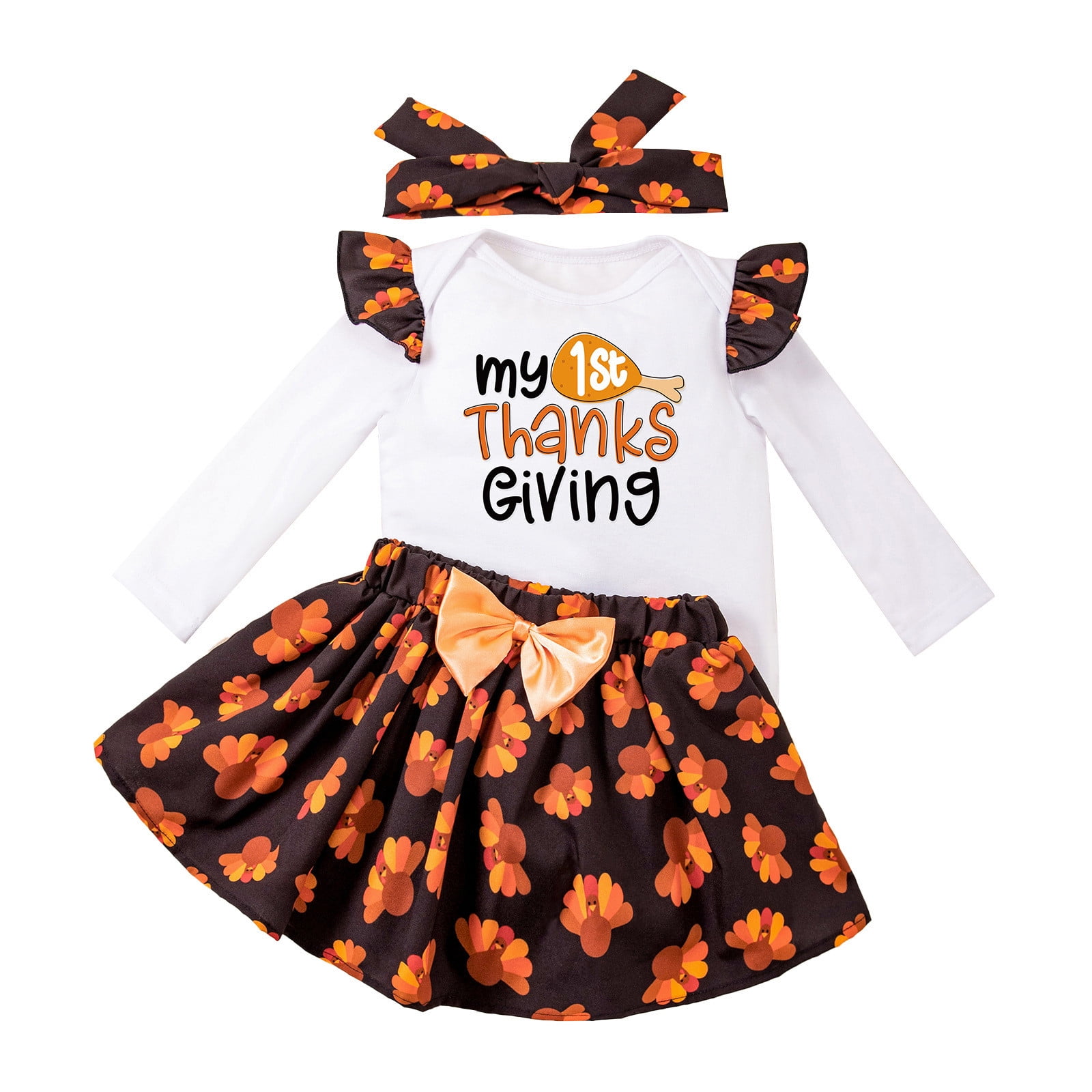 Baby Girl Thanksgiving Outfit Long Sleeve Fly Sleeve Cartoon Turkey