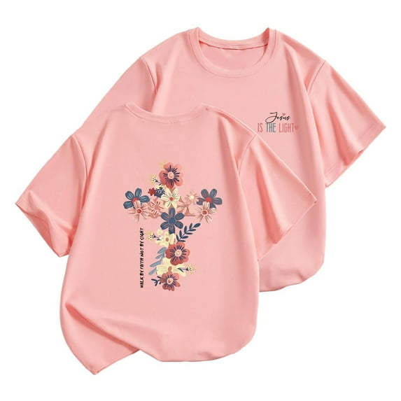 Baby Girl' Tops Casual Short Sleeved T Shirt Cartoon Print Crewneck Comfortable Tees Shirts Baby Pink 12 Months-18 Months