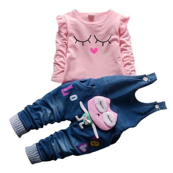 Baby Girl Tops Clothing Kids Girls Outfitstop Printed Long Sleeve T-shirt+Jeans With Straps Set Clothes