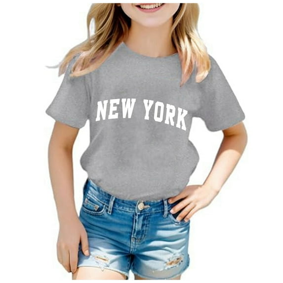 Baby Girl Tops Letter Print Short-Sleeve T-Shirt Crew Neck Loose Sports T-Shirt T-Shirts Toddler To Big Kid 9-10 Years(Grey)