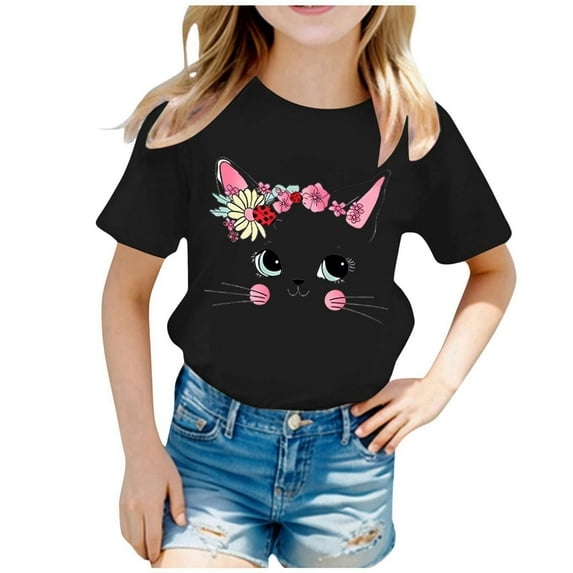 Baby Girl Tops Round Neck Cute Printed Short Sleeve T Shirts Comfortable Summer Tops Tee for Toddler & Kids Black,130
