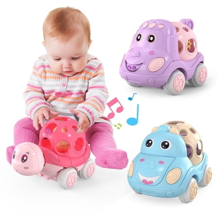 Baby Car Toys for 6-12 12-18 Months 1 Year Old Girls,Pink Infant Rattle and Roll Car , 3PCS Friction Power Vehicle with Soft Rubber,Birthday Gift for Boys Girls for Toddlers 1-3