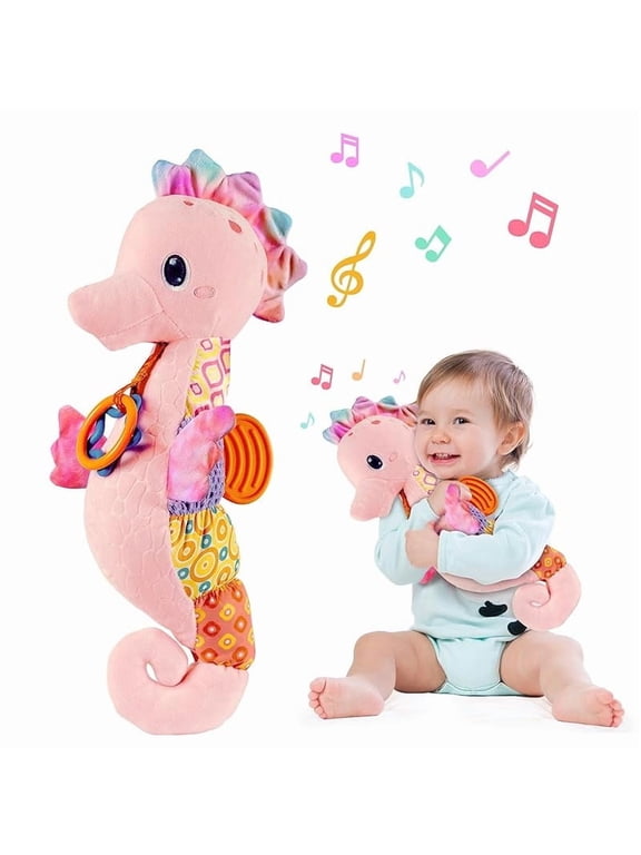 Baby Girl Toys 0-6 Months,Musical Stuffed Animal Plush Toy with Rattle,Soft Newborn Toy for 0 3 6 9 12 Months Girls,Baby Girl Gift,Pink