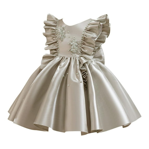 Baby Girl Tulle Dress Casual Flower Embroidery Toddler Dresses Mesh Princess Bow Skirt Khaki 2-3 Years