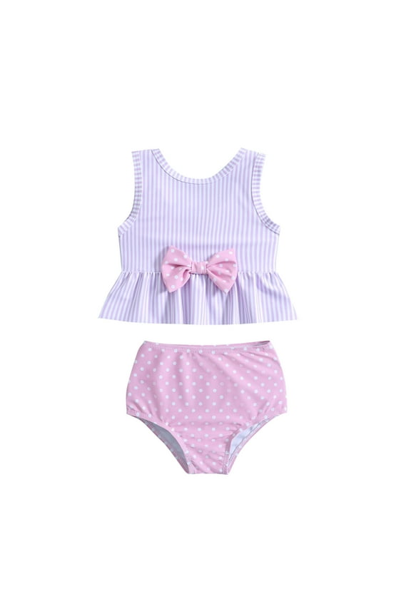 Baby Girl Two Piece Swimsuit Striped Printed Bowknot Bikini Bathing Suit, Size 6 Months-4 Years