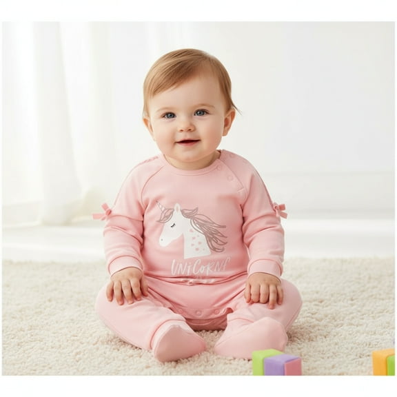 Baby Girls' Soft Pink Unicorn Romper with Bow Details  Snap Closure for Ultimate Comfort