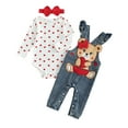 thumbnail image 1 of Baby Girl Valentine Day Outfit 3M 6M 9M 12M 18M Heart Print Romper With Bear Embroidery Denim Overalls Pants Headband Girl Clothes Set, 1 of 9