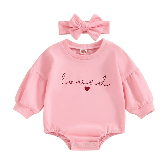 Baby Girl Valentine Day Outfits 3M 6M 12M 18M Long Puff Sleeve Heart Letter Print Romper with Headband Set Infant Clothes