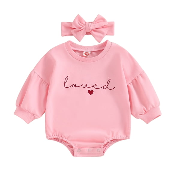 Baby Girl Valentine Day Outfits 3M 6M 12M 18M Long Puff Sleeve Heart Letter Print Romper with Headband Set Infant Clothes