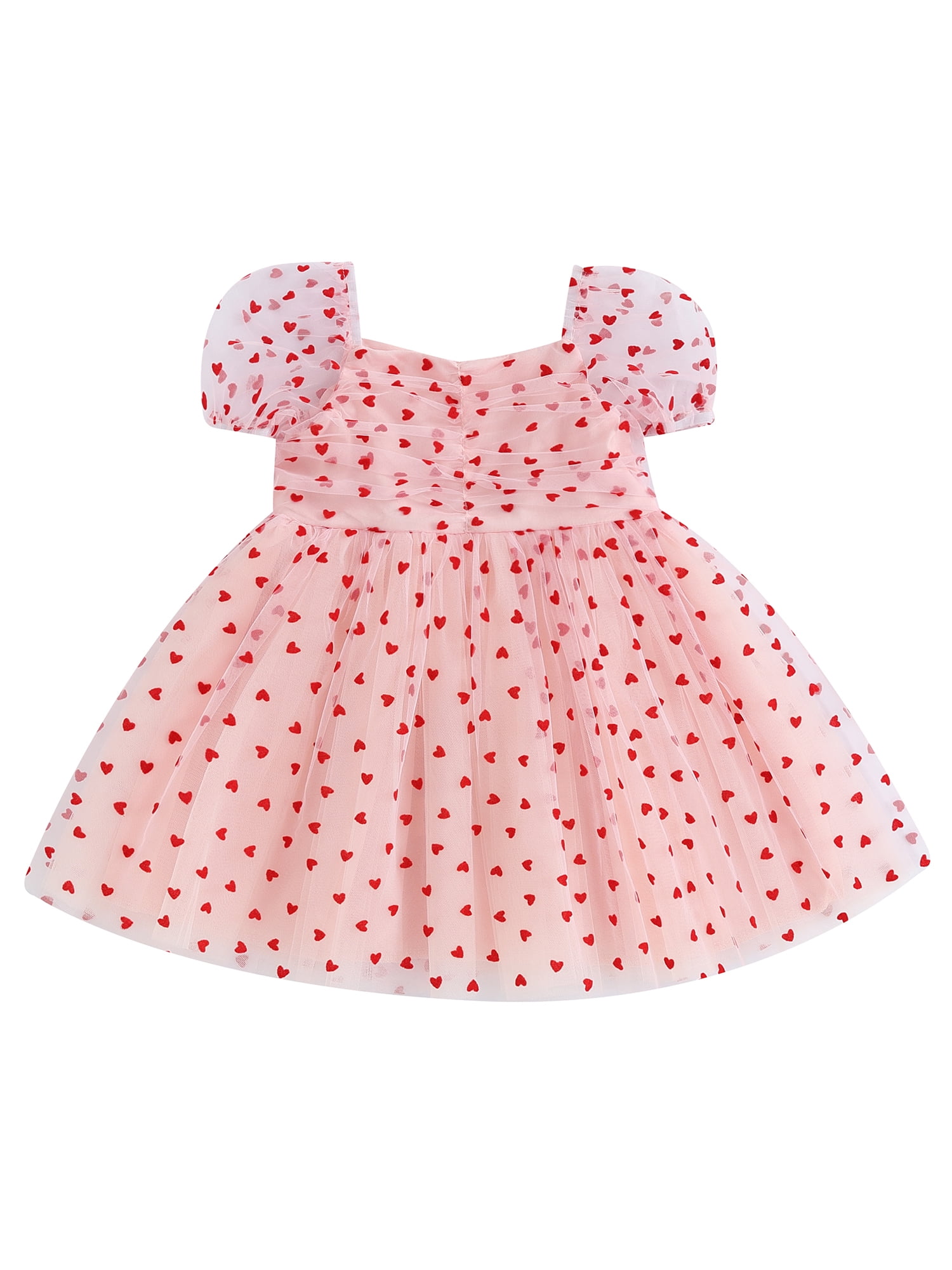 Baby Girl Valentine’s Day Dress Short Puff Sleeve Heart Print Tulle