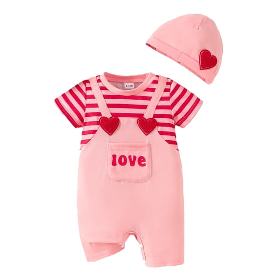 Baby Girl Valentine's Day Outfit Boys Girls Short Sleeve Romper Striped Heart Print Jumpsuit Hat Set Romper Onesie Bodysuit Onesie Clothes 12-18 Months