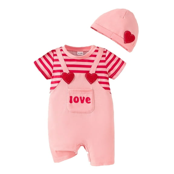 Baby Girl Valentine's Day Outfit Boys Girls Short Sleeve Romper Striped Heart Print Jumpsuit Hat Set Romper Onesie Bodysuit Onesie Clothes 12-18 Months