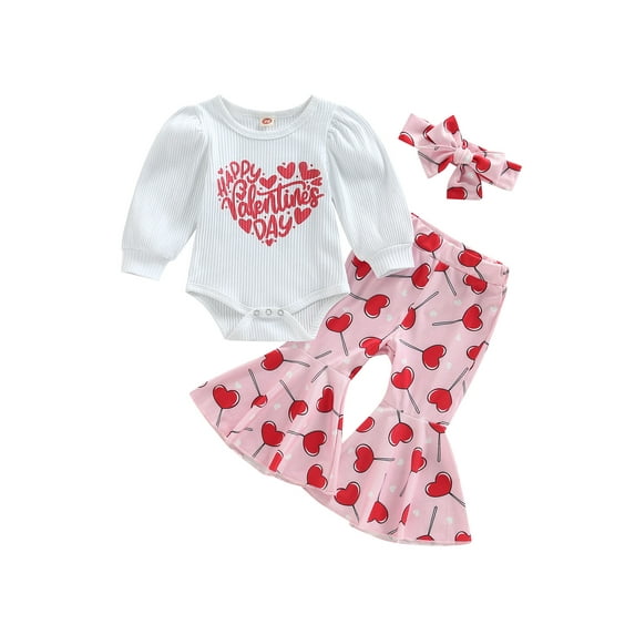 Baby Girl Valentine's Day Outfit Letters Print Long Sleeve Romper Tops Love Heart Flared Pants Headband Clothes Set