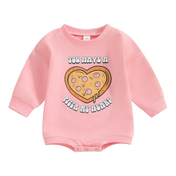 Baby Girl Valentine’s Day Romper Cute Pizza Print Long Sleeve Round Neck Bodysuit Newborn Outfit