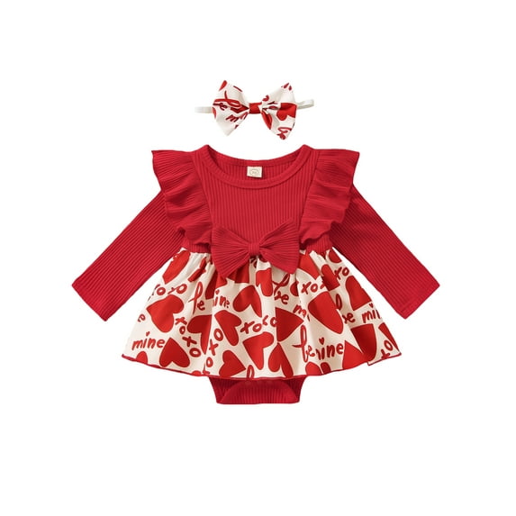 Baby Girl Valentines Day Romper Dress Outfits Long Sleeve Sweet Heart Rompers Headband Set